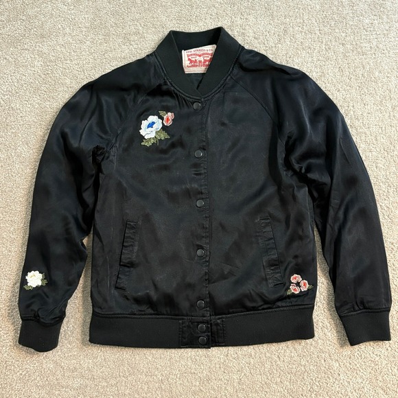 Levi's Strauss Black Satin‎ Floral Embroidered Bomber Women Jacket XS - Picture 1 of 8